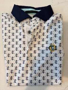 Greyson White Polo with Navy Geometric Pattern & Navy Collar